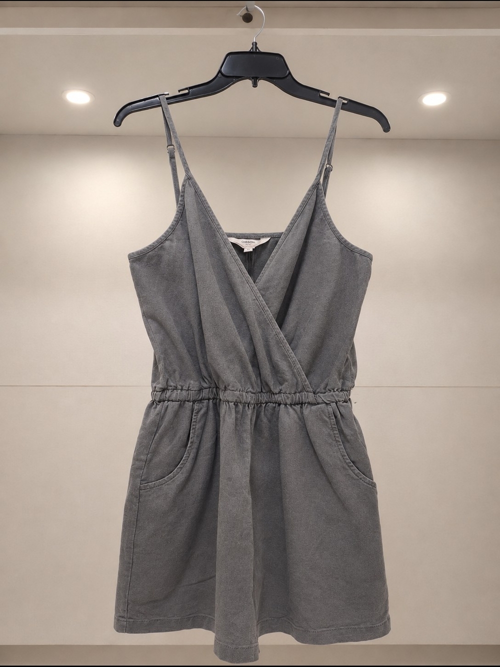 Gray Wrap Front Tie Waist Romper with Pockets